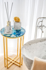 TAVOLINO ALTO IN METALLO DORATO & AGATA BLU