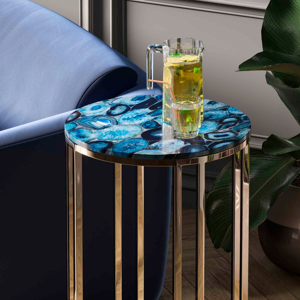 HIGH COFFEE TABLE IN BLUE AGATE & GOLDEN DETAILS